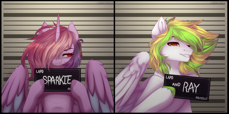 Size: 2040x1023 | Tagged: safe, artist:sparkie45, derpibooru import, oc, oc:ray of hope, oc:sparkie, alicorn, changeling, dragon, hybrid, pegasus, pony, barbie mugshot meme, image, meme, mugshot, png