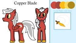 Size: 1920x1080 | Tagged: safe, artist:auro, derpibooru import, oc, oc:copper blade, unofficial characters only, pegasus, pony, cutie mark, front knot midriff, hooves, image, looking at you, midriff, newbie artist training grounds, png, reference sheet, side view, smiling, smiling at you, solo