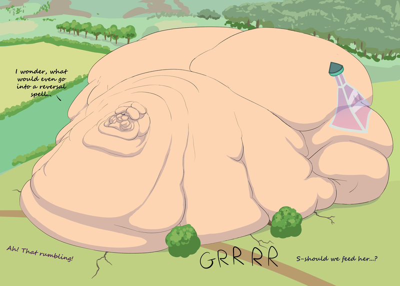 Size: 3500x2500 | Tagged: questionable, artist:lupin quill, derpibooru import, oc, oc:orange glass, unofficial characters only, pony, unicorn, series:wish fulfilment potion (weight gain), belly, belly bed, big belly, bingo wings, blob, butt, dialogue, fat, fat fetish, fetish, horn, huge belly, huge butt, image, immobile, impossibly large belly, impossibly large butt, impossibly obese, large butt, morbidly obese, obese, offscreen character, plot, png, rolls of fat, stomach noise, stretched cutie mark, tree, unicorn oc, weight gain, weight gain sequence