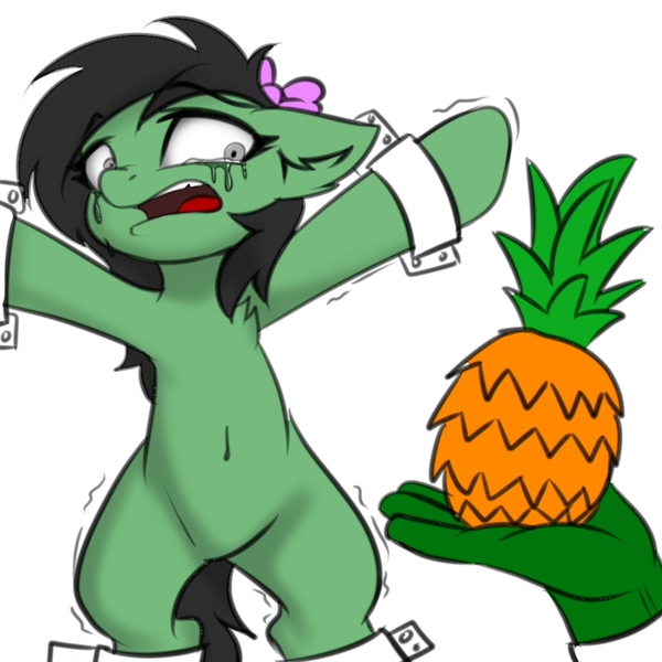 Size: 1000x1000 | Tagged: suggestive, artist:anonymous, oc, oc:anon, oc:anonfilly, semi-anthro, /mlp/, 4chan, belly, bow, crying, female, floppy ears, food, gray eyes, hair bow, image, jpeg, offscreen character, pineapple, scared, shaking, simple background, white background