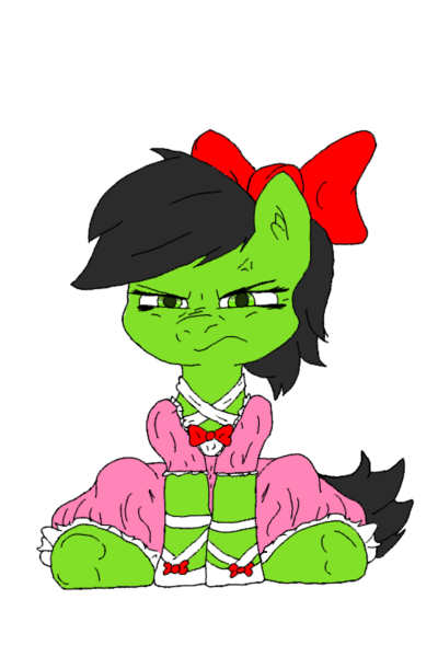 Size: 500x750 | Tagged: artist needed, safe, color edit, edit, oc, oc:anonfilly, unofficial characters only, pony, angry, annoyed, bow, clothes, colored, dress, female, filly, hair bow, image, looking at you, mane bow, png, princess dress, simple background, solo, transparent background, underhoof