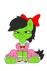 Size: 500x750 | Tagged: artist needed, safe, color edit, edit, oc, oc:anonfilly, unofficial characters only, pony, angry, annoyed, bow, clothes, colored, dress, female, filly, hair bow, image, looking at you, mane bow, png, princess dress, simple background, solo, transparent background, underhoof