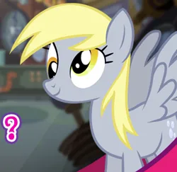 Size: 348x338 | Tagged: safe, derpibooru import, derpy hooves, pegasus, pony, cropped, english, female, gameloft, huh, image, mare, meme, my little pony: magic princess, png, pondering, ponified meme, question mark, questioning, solo, text, wondering, wow! glimmer