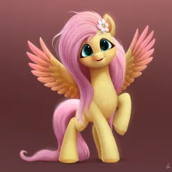 Size: 2000x2000 | Tagged: safe, artist:luminousdazzle, derpibooru import, fluttershy, pegasus, pony, colored wings, cute, female, flower, flower in hair, fur, g4, gradient background, image, long mane, long tail, looking at you, mare, multicolored wings, open mouth, png, raised hoof, semi-realistic, shyabetes, smiling, smiling at you, solo, solo female, spread wings, tail, unshorn fetlocks, wings