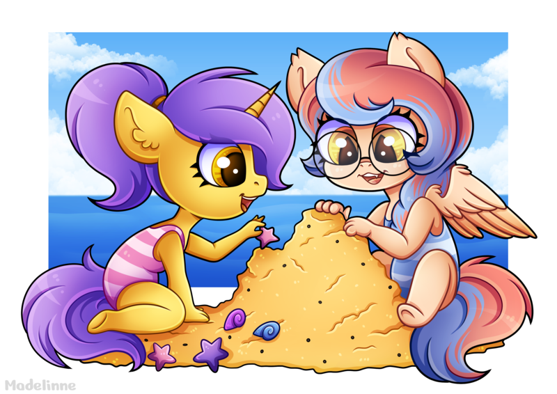 Size: 4093x2894 | Tagged: safe, artist:madelinne, derpibooru import, oc, oc:dracey, oc:tulipan, unofficial characters only, anthro, pegasus, unicorn, chibi, clothes, duo, glasses, horn, image, pegasus oc, png, ponytail, sand, sandcastle, swimsuit, unicorn oc, wings