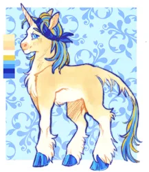 Size: 1421x1634 | Tagged: safe, artist:cactiflowers, derpibooru import, oc, oc:goldenrush, unofficial characters only, classical unicorn, pony, unicorn, bandana, cloven hooves, color palette, female, hock fluff, hoof fluff, horn, image, leg fluff, leonine tail, magical gay spawn, mare, offspring, parent:big macintosh, parent:shining armor, parents:shiningmac, png, solo, unshorn fetlocks