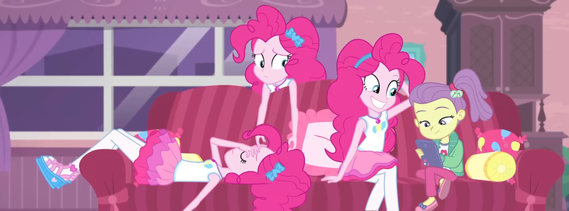 Size: 2900x1080 | Tagged: safe, composite screencap, derpibooru import, edit, edited screencap, screencap, pinkie pie, human, equestria girls, equestria girls series, pinkie sitting, clothes, couch, cutie mark, cutie mark on clothes, female, geode of sugar bombs, hairband, image, lily pad (g4), magical geodes, mobile phone, multeity, pantyhose, phone, pillow, png, self paradox, shoes, skirt, smartphone