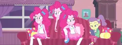 Size: 2897x1080 | Tagged: safe, composite screencap, derpibooru import, edit, edited screencap, screencap, pinkie pie, human, equestria girls, equestria girls series, pinkie sitting, clothes, couch, cutie mark, cutie mark on clothes, female, geode of sugar bombs, hairband, image, lily pad (g4), magical geodes, mobile phone, multeity, pantyhose, phone, pillow, png, self paradox, shoes, skirt, smartphone