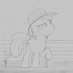Size: 2160x2160 | Tagged: safe, artist:dtcx97, derpibooru import, apple bloom, earth pony, pony, female, filly, foal, gardening, hat, image, png, sketch, solo, summer, sweat, traditional art, trowel