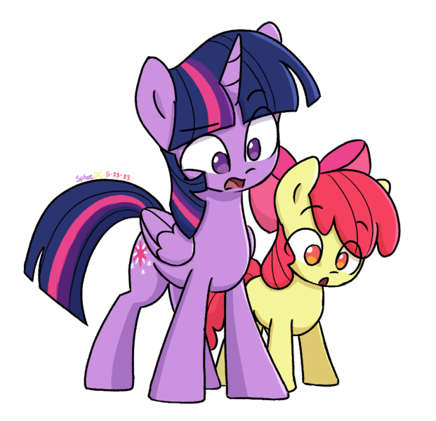 Size: 878x848 | Tagged: safe, artist:spheedc, derpibooru import, apple bloom, twilight sparkle, twilight sparkle (alicorn), alicorn, earth pony, pony, :o, female, filly, image, mare, open mouth, png, simple background, white background