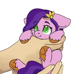 Size: 2197x2223 | Tagged: safe, artist:rokosmith26, derpibooru import, pipp, pipp petals, pegasus, pony, g5, cheek fluff, commission, cute, female, filly, floppy ears, foal, hand, holding, holding a pony, image, in goliath's palm, jewelry, looking up, mare, moderate dark skin, pipp is short, pipp is smol, png, regalia, simple background, size difference, smol, solo, transparent background, underhoof, ych example, younger, your character here