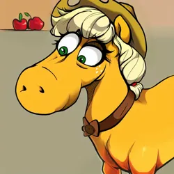 Size: 768x768 | Tagged: safe, derpibooru import, machine learning assisted, machine learning generated, stable diffusion, applejack, earth pony, ai content, bust, female, generator:ponydiffusion, hat, hoers, image, png, prompter:ailex, simple background, solo, style emulation, uncanny valley, warner brothers