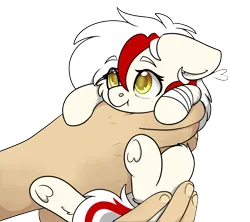 Size: 2403x2136 | Tagged: safe, artist:rokosmith26, derpibooru import, oc, oc:awya lightfeather, unofficial characters only, pony, bandage, cheek fluff, commission, cute, female, filly, floppy ears, foal, hand, holding, holding a pony, image, in goliath's palm, looking up, mare, moderate dark skin, png, simple background, size difference, solo, tired eyes, transparent background, underhoof, ych result, younger, your character here