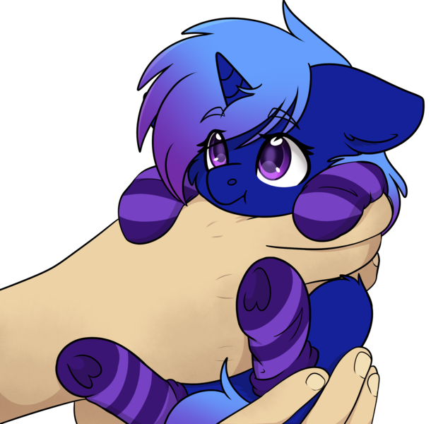 Size: 2224x2128 | Tagged: safe, artist:rokosmith26, derpibooru import, oc, oc:polaris starshine, pony, unicorn, cheek fluff, clothes, commission, cute, female, filly, floppy ears, foal, hand, holding, holding a pony, horn, image, in goliath's palm, looking up, mare, moderate dark skin, png, simple background, size difference, socks, solo, transparent background, underhoof, ych example, ych result, younger, your character here