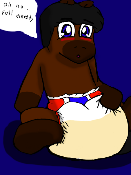 Size: 512x680 | Tagged: questionable, artist:cavewolfphil, derpibooru import, oc, pony, abdl, blue background, diaper, diaper fetish, fetish, image, male, non-baby in diaper, peeing in diaper, png, simple background, speech bubble, stallion, urine, used diaper, wet diaper