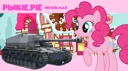 Size: 3485x1936 | Tagged: safe, artist:edy_january, derpibooru import, edit, pinkie pie, earth pony, pony, dicker max, image, pink background, png, simple background, sugarcube corner, tank (vehicle), vector used, vehicle, wallpaper, world of tanks, world of tanks blitz