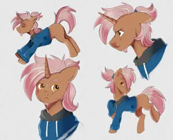 Size: 2474x2000 | Tagged: safe, artist:tobiasking, derpibooru import, oc, oc:cinnamon roll, pony, unicorn, angry, clothes, freckles, hoodie, image, male, png, poses, sad, solo, solo male, stretching