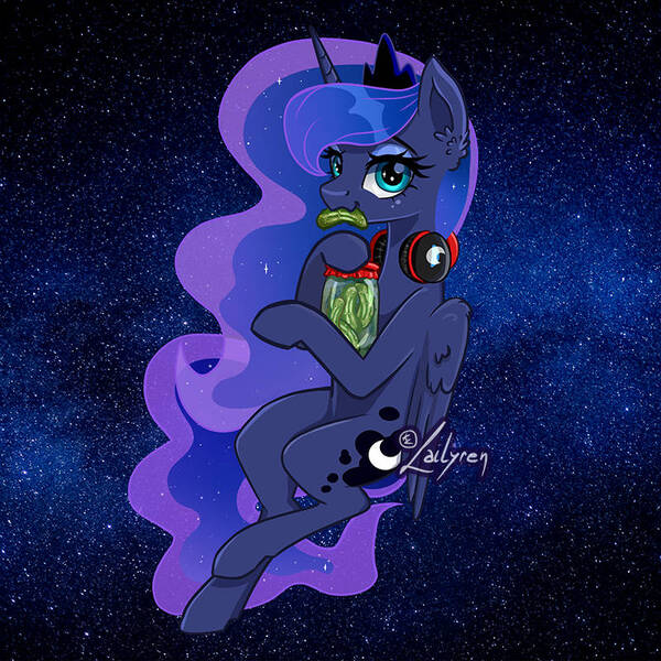 Size: 800x800 | Tagged: safe, artist:lailyren, derpibooru import, princess luna, pony, food, headphones, image, jar, jpeg, pickle, pickle jar, solo