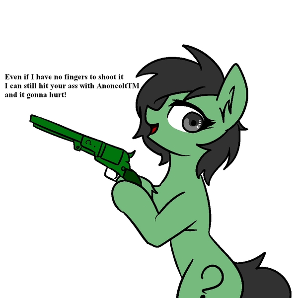 Size: 1000x1000 | Tagged: safe, artist:anonymous, oc, oc:anonfilly, unofficial characters only, pony, /mlp/, 4chan, anoncolt, bipedal, colt walker, female, filly, gray eyes, gun, handgun, hoof hold, image, jpeg, looking at you, pun, revolver, simple background, solo, weapon, white background