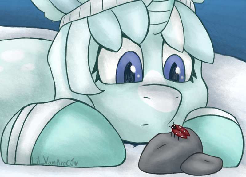 Size: 2088x1506 | Tagged: safe, artist:lil_vampirecj, derpibooru import, oc, unofficial characters only, insect, ladybug, pony, unicorn, artfight, artfight 2023, artfight attack, blue eyes, digital art, female, halfbody, hat, image, krita, looking down, mare, png, rock, scene, snow, solo, solo female, solo mare, winter hat