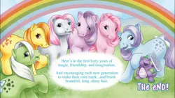 Size: 1334x750 | Tagged: safe, artist:amy mebberson, derpibooru import, idw, blossom, blue belle, butterscotch (g1), cotton candy (g1), minty (g1), snuzzle, spike (g1), dragon, earth pony, pony, g1, spoiler:comic, spoiler:comic40thanniversary, 40th anniversary, 40th anniversary special, baby, baby dragon, female, group, image, jpeg, male, mare, rainbow