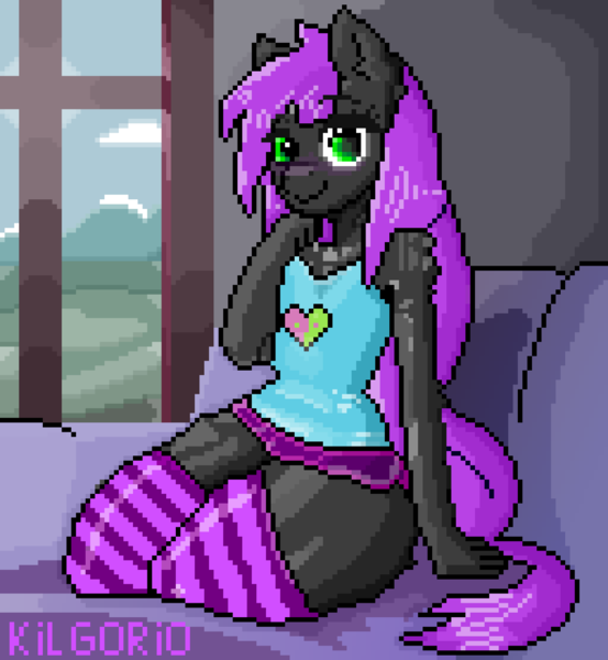 Size: 1280x1390 | Tagged: safe, artist:kilgorio, derpibooru import, oc, oc:lucy violetmane, unofficial characters only, earth pony, pony, aseprite, clothes, detailed background, earth pony oc, femboy, full body, green eyes, image, male, pixel art, png, purple hair, shorts, socks, solo, stallion, thigh highs