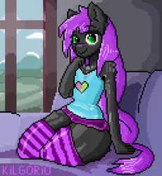 Size: 1280x1390 | Tagged: safe, artist:kilgorio, derpibooru import, oc, oc:lucy violetmane, unofficial characters only, earth pony, pony, aseprite, clothes, detailed background, earth pony oc, femboy, full body, green eyes, image, male, pixel art, png, purple hair, shorts, socks, solo, stallion, thigh highs