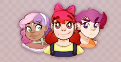 Size: 748x384 | Tagged: safe, artist:kutapikakun, derpibooru import, apple bloom, scootaloo, sweetie belle, human, alternate hairstyle, apple bloom's bow, bow, choker, clothes, cutie mark crusaders, dark skin, diamond, ear piercing, earring, female, hair bow, hairband, humanized, image, jewelry, jpeg, overalls, piercing, shirt, t-shirt, tanktop, trio