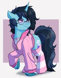 Size: 2216x2808 | Tagged: safe, artist:witchtaunter, derpibooru import, oc, pony, unicorn, chest fluff, clothes, commission, ear fluff, glasses, image, jacket, png, raised hoof, shirt, simple background, socks, solo