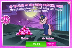 Size: 1962x1300 | Tagged: safe, derpibooru import, idw, official, unnamed character, unnamed pony, pony, unicorn, advertisement, clothes, costs real money, english, female, gameloft, gem, hat, horn, idw showified, image, jpeg, mare, mobile game, my little pony: magic princess, numbers, sale, shirt, solo, solo focus, text