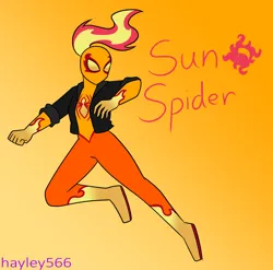 Size: 2448x2420 | Tagged: safe, artist:hayley566, derpibooru import, sunset shimmer, human, alternate hairstyle, boots, clothes, crossover, female, gloves, gradient background, humanized, image, jacket, leather, leather jacket, marvel, png, shoes, solo, spider-man, spider-man: across the spider-verse, spider-sona, superhero