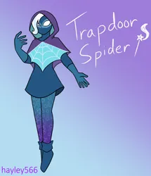 Size: 2272x2638 | Tagged: safe, artist:hayley566, derpibooru import, trixie, human, alternate hairstyle, boots, cloak, clothes, crossover, female, gloves, gradient background, hood, humanized, image, marvel, png, shoes, skirt, solo, spider-man, spider-man: across the spider-verse, spider-sona, superhero