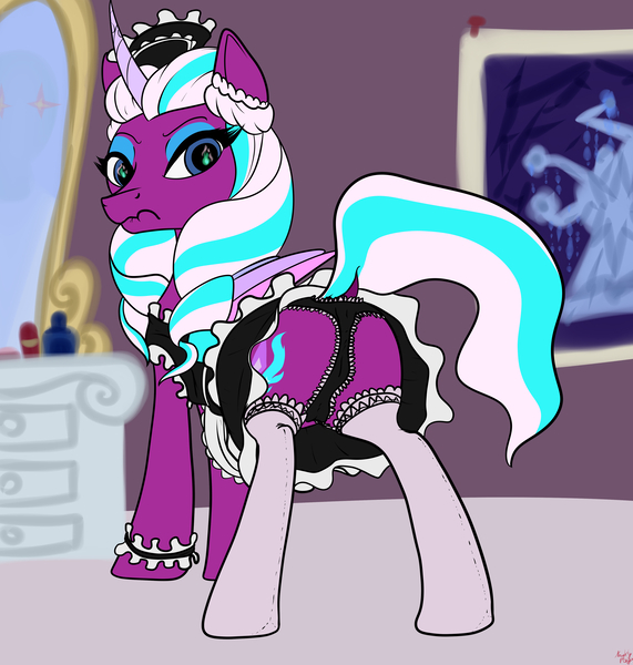 Size: 4000x4200 | Tagged: questionable, artist:littlenaughtypony, derpibooru import, alicorn, g5, angry, cameltoe, clothes, frilly underwear, image, jpeg, looking at you, looking back, looking back at you, maid, opaline arcana, panties, skirt, socks, stockings, thigh highs, underwear