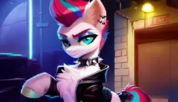 Size: 2688x1536 | Tagged: safe, derpibooru import, machine learning generated, stable diffusion, zipp storm, pegasus, pony, g5, ai content, back alley, chest fluff, choker, clothes, ear fluff, ear piercing, earring, eyeshadow, female, generator:pony diffusion v5, image, jacket, jewelry, jpeg, leather, leather jacket, looking at you, makeup, mare, piercing, prompter:siber, raised hoof, solo, spiked choker, tail, tail wrap