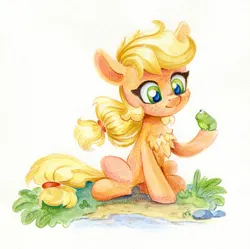 Size: 1207x1200 | Tagged: safe, artist:maytee, derpibooru import, applejack, earth pony, frog, pony, chest fluff, colored pencil drawing, image, mixed media, png, smiling, solo, traditional art