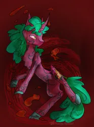 Size: 1439x1949 | Tagged: semi-grimdark, artist:destiny_manticor, derpibooru import, oc, oc:flumine carcad, unofficial characters only, pony, unicorn, abstract background, blood, broken, cloven hooves, cutie mark, digital art, female, fluffy hair, image, png, red, solo