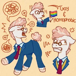 Size: 1280x1280 | Tagged: safe, artist:purrtal2, derpibooru import, svengallop, earth pony, pony, angry, clothes, cross-popping veins, emanata, eyes closed, gay pride flag, glasses, gritted teeth, image, male, necktie, open mouth, png, pride, pride flag, simple background, speech bubble, stallion, teeth, tongue out, yellow background