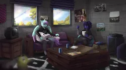 Size: 2700x1500 | Tagged: safe, artist:serodart, derpibooru import, oc, oc:#c0ffee, oc:mist avalon, anthro, pegasus, unicorn, carpet, choker, clothes, commission, couch, curtains, drink, electric guitar, emo, food, guitar, guitar amp, hoodie, ibanez, image, male, musical instrument, pizza, pizza box, png, poster, room, soda, table, tail, television, window