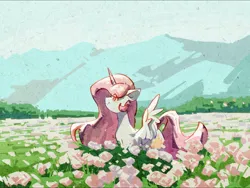 Size: 2160x1620 | Tagged: safe, artist:lendftcn, derpibooru import, princess celestia, alicorn, pony, female, flower, flower field, grass, image, jpeg, looking up, mare, outdoors, profile, smiling, solo, spread wings, wings
