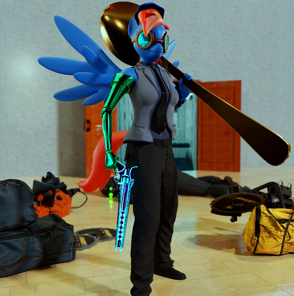 Size: 1844x1852 | Tagged: safe, artist:kamimation, derpibooru import, oc, oc:kam pastel, unofficial characters only, anthro, pegasus, 3d, amputee, bag, blender, clothes, door, drill, goggles, gun, handgun, image, jpeg, money, open door, payday, prosthetics, revolver, sawblade, smiling, solo, spoon, spread wings, weapon, wings