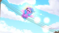 Size: 1280x720 | Tagged: safe, artist:littleblackraencloud, derpibooru import, oc, unofficial characters only, alicorn, pony, alicorn oc, behaving like a bird, cloud, horn, image, jpeg, looking at you, looking down, looking down at you, low angle, power line, sky, solo, sun, wings