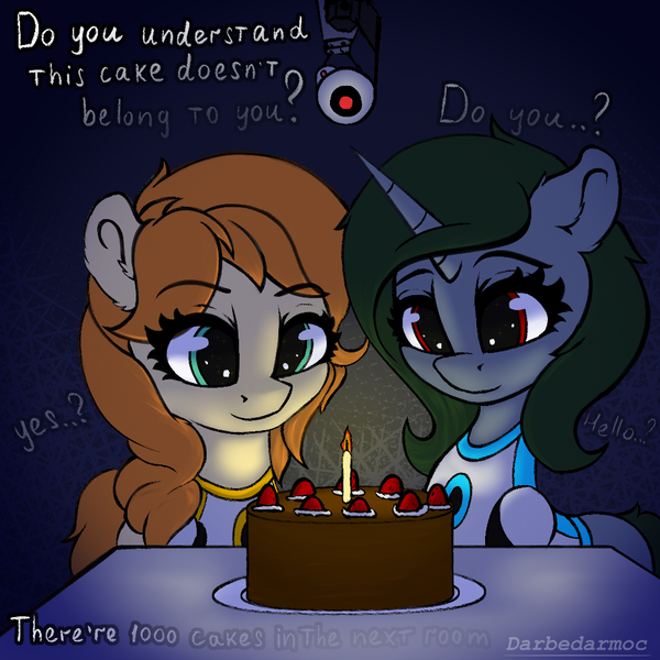 Size: 1000x1000 | Tagged: safe, derpibooru import, oc, oc:minerva, pony, cake, dialogue, eyes on the prize, food, glados, image, png, portal (valve), portal 2, the cake is a lie, video game