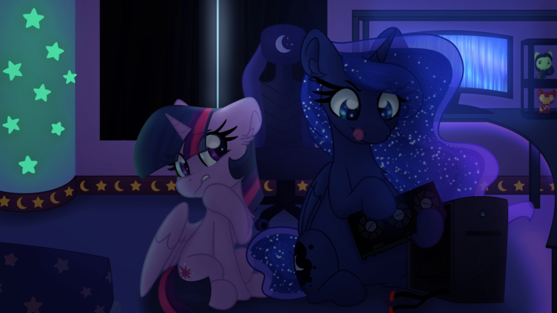 Size: 3840x2160 | Tagged: safe, artist:littleblackraencloud, derpibooru import, princess luna, twilight sparkle, twilight sparkle (alicorn), alicorn, pony, anxious, commission, computer, ethereal mane, female, graphics card, image, mare, png