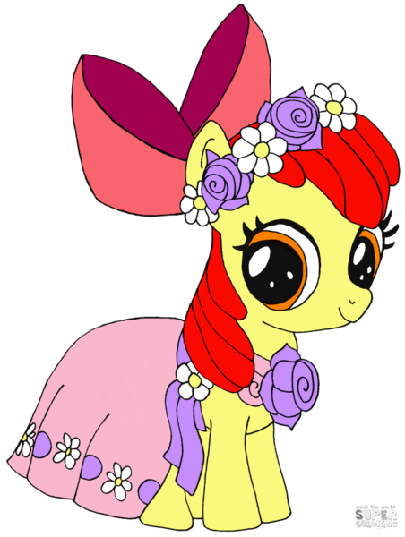 Size: 829x1100 | Tagged: safe, artist:playtimerogerhargreavesandbonniezacherlefan68, derpibooru import, apple bloom, earth pony, pony, a canterlot wedding, season 2, adorabloom, bridesmaid dress, clothes, colored, coloring page, cute, dress, female, filly, floral head wreath, flower, flower girl, foal, g4, image, png, simple background, solo, white background