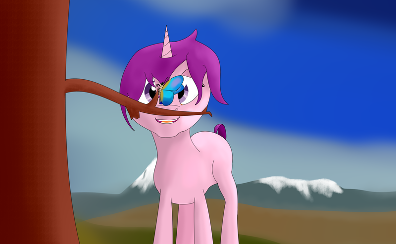 Size: 2718x1676 | Tagged: safe, artist:kujivunia, derpibooru import, oc, butterfly, insect, unicorn, dead tree, field, happy, image, mountain, png, smiling, snow, solo, tree