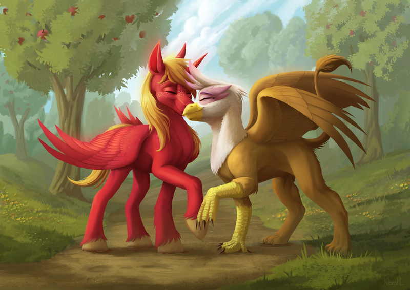 Size: 1920x1358 | Tagged: safe, artist:klarapl, derpibooru import, big macintosh, gilda, alicorn, gryphon, pony, fanfic:it takes six, alicornified, apple, apple tree, commission, concave belly, eyes closed, fanfic art, female, food, freckles, gildamac, image, jpeg, male, nuzzling, path, princess big mac, race swap, raised hoof, scenery, shipping, smiling, spread wings, stallion, straight, tree, wings