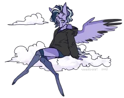 Size: 912x717 | Tagged: safe, artist:vautaryt, derpibooru import, oc, unofficial characters only, anthro, pegasus, unguligrade anthro, clothes, cloud, female, hoodie, image, long legs, looking at you, no pupils, on a cloud, pegasus oc, png, shorts, simple background, sitting, sitting on cloud, socks, solo, spread wings, stockings, thigh highs, transparent background, wings