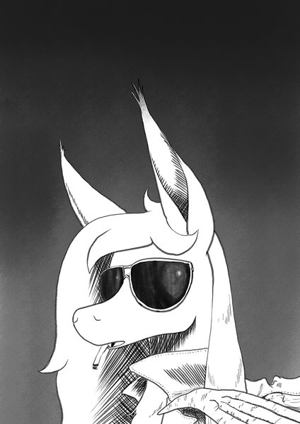 Size: 905x1280 | Tagged: safe, artist:darkhestur, derpibooru import, oc, oc:dark, unofficial characters only, bat pony, aviator glasses, bat pony oc, bat wings, cigarette, clothes, grayscale, image, jacket, monochrome, png, solo, sunglasses, wings