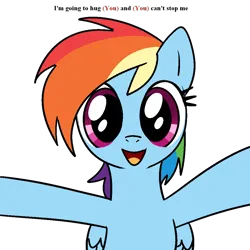 Size: 1000x1000 | Tagged: safe, derpibooru import, rainbow dash, pegasus, pony, bipedal, cute, dashabetes, dialogue, female, hape, hug, image, looking at you, mare, open mouth, open smile, personal space invasion, pixelated, png, simple background, smiling, smiling at you, solo, talking, white background