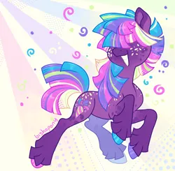 Size: 2506x2452 | Tagged: safe, artist:bishopony, derpibooru import, oc, oc:confetti crush, unofficial characters only, earth pony, pony, female, freckles, grin, hair over eyes, high res, hooves, image, jpeg, mare, multicolored hair, multicolored hooves, smiling, solo, unshorn fetlocks